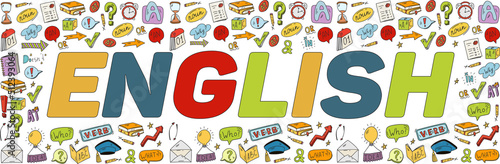 English language learning concept vector illustration. Doodle of foreign language education course for home online training study.