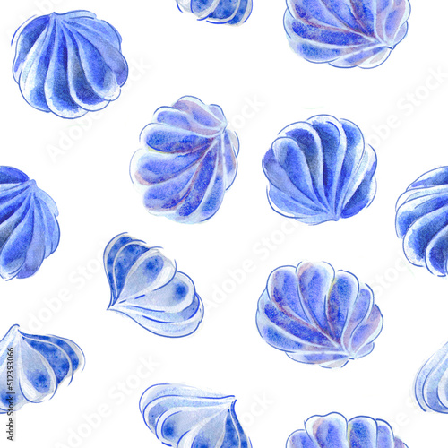 Fototapeta Naklejka Na Ścianę i Meble -  Background of Blue delicate marshmallows, bizet cakes. Graphic color drawing with handmade watercolor paint. Confectionery products.