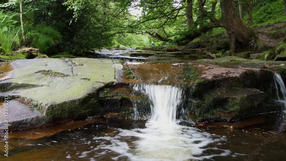 Relaxing slow moving woodland stream in the Derbyshire Peak District with water flowing over small and large rocks. Shot by low flying drone. Relaxing slow moving woodland stream in the Derbyshire Peak District with water flowing over small and large rocks. Shot by low flying drone.
