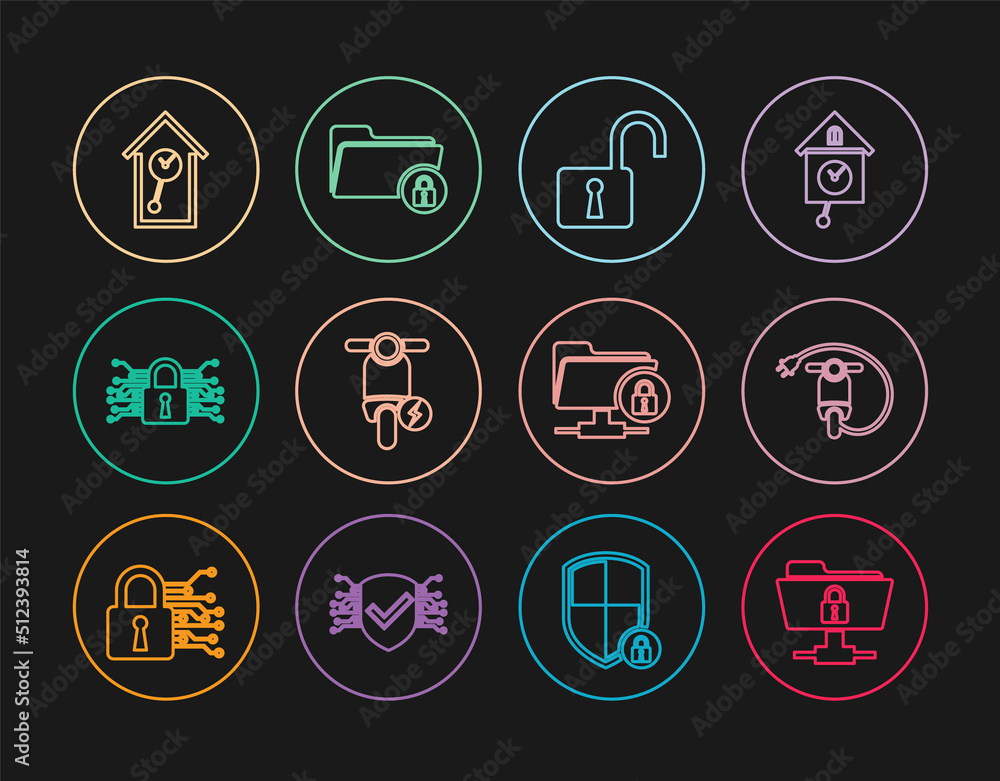 Set line FTP folder and lock, Electric scooter, Open padlock, Cyber security, Retro wall watch, and Folder icon. Vector Set line FTP folder and lock, Electric scooter, Open padlock, Cyber security, Retro wall watch, and Folder icon. Vector