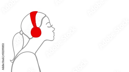 Girl in headphones listens to music. Animated illustration. Freehand drawing. Musical style. Music lover. Summer mood. Fun. Color image. Design element.