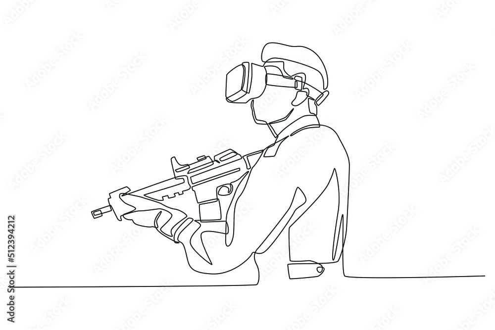 One continuous line drawing of the soldier use a VR glasses for combat ...