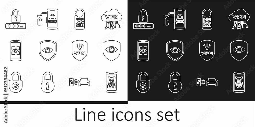 Set line Mobile and face recognition, Shield eye, Please do not disturb, scan, Password protection, with VPN wireless and Smart car security system icon. Vector