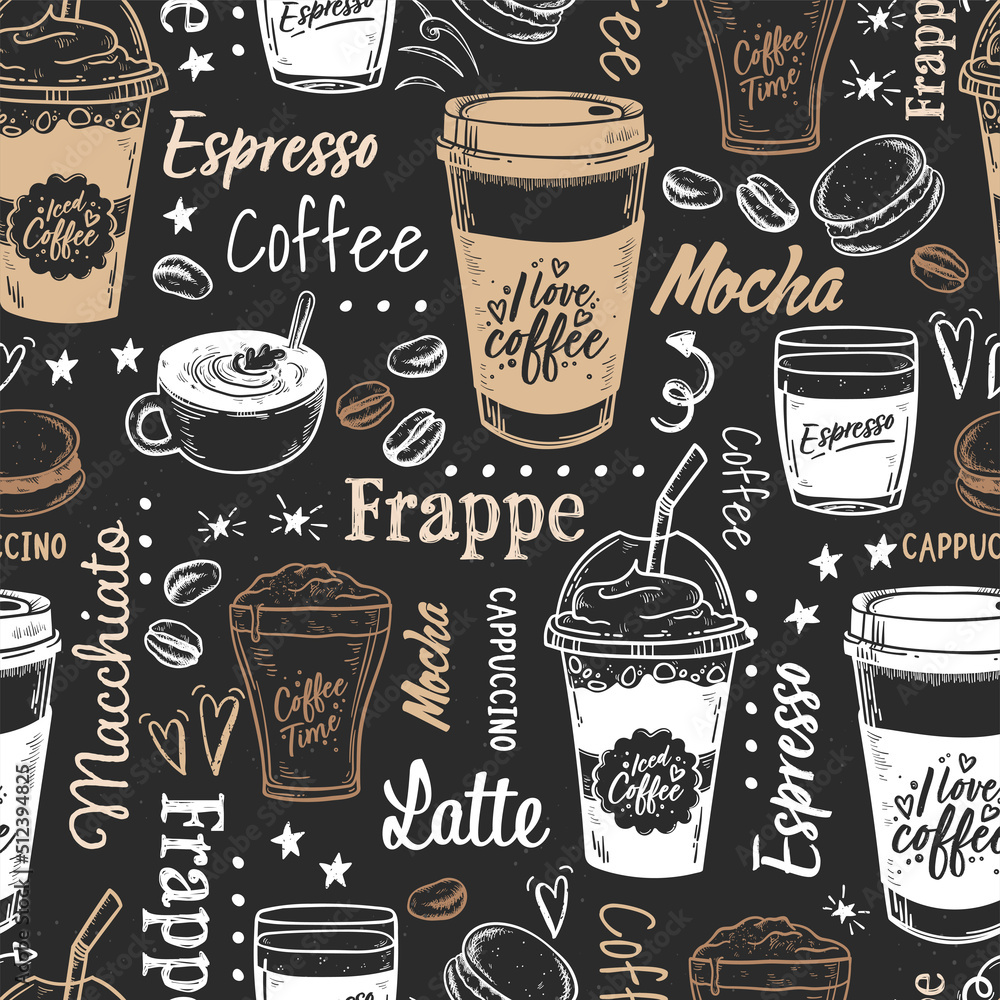 Lovely hand drawn coffee seamless pattern, cute doodle background, great for banners, wallpapers, wrapping, fabrics - vector design