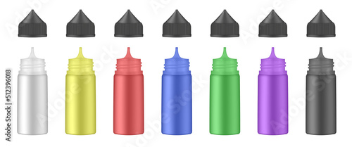 Set of open e-liquid bottles for vaping. Vape liquid droppers