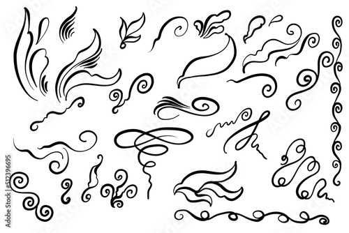 Doodle sketch cute curls, book page design, curly waves, hand-drawn doodles, wavy strokes, plant elements