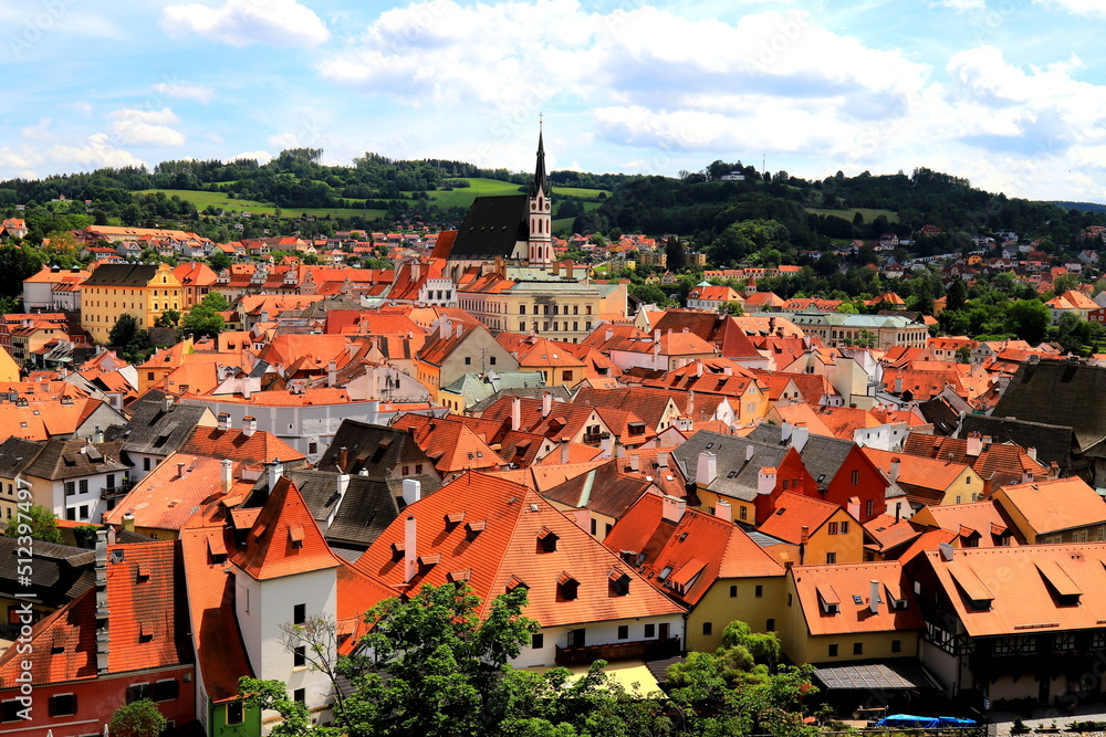 Panorama of Cesky Krumlov. A beautiful and colorful amazing historical Czech town. The city is UNESCO World Heritage Site, Vltava river. Czech, Krumlov
