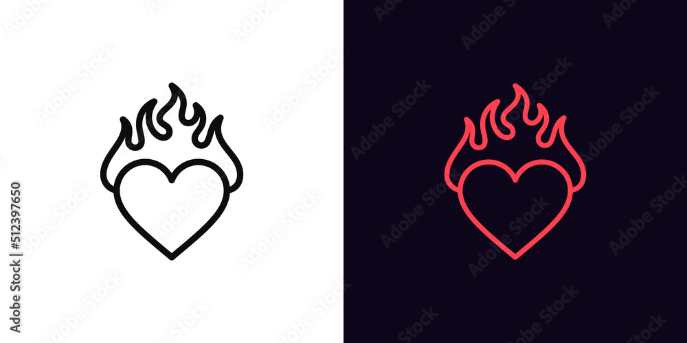 © Дмитрий Майер - Outline burning heart icon, with editable stroke. Heart silhouette with fire, blazing love pictogram. Hot passion