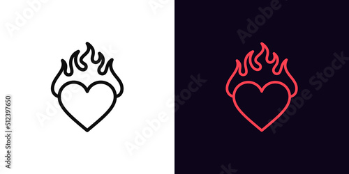 Outline burning heart icon, with editable stroke. Heart silhouette with fire, blazing love pictogram. Hot passion