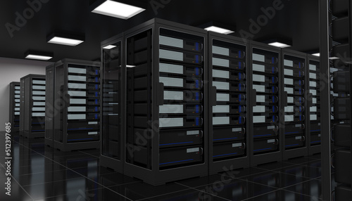 Internet data center room with server and network device in rack cabinet, cloud data storage, computer security, data center, black color, 3d illustration