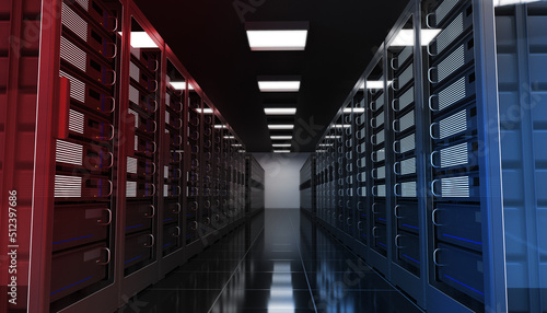 Internet data center room with server and network device in rack cabinet, cloud data storage, computer security, data center, black red and blue, 3d illustration