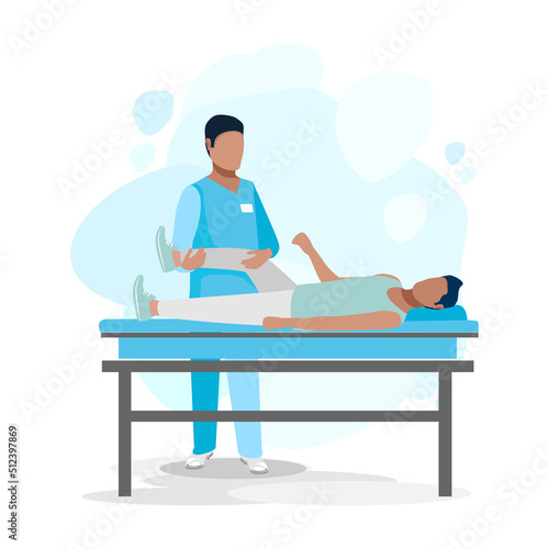 The patient is undergoing orthopedic rehabilitation with a physiotherapist. Physiotherapy. Restoration of health after illness and injury. Flat vector illustration.