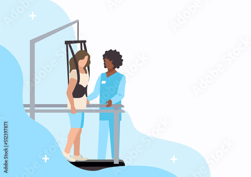 The patient is undergoing orthopedic rehabilitation with a physiotherapist. Physiotherapy. Restoration of health after illness and injury. Flat vector illustration.