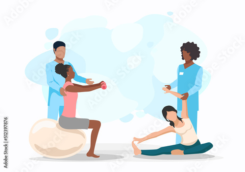 The patient is undergoing orthopedic rehabilitation with a physiotherapist. Physiotherapy. Restoration of health after illness and injury. Flat vector illustration.