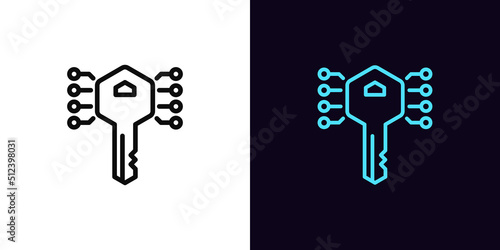 Outline digital key icon, with editable stroke. Electronic key silhouette, private access pictogram. Encrypted key