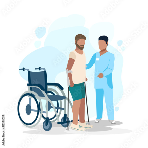 The patient is undergoing orthopedic rehabilitation with a physiotherapist. Physiotherapy. Restoration of health after illness and injury. Flat vector illustration.