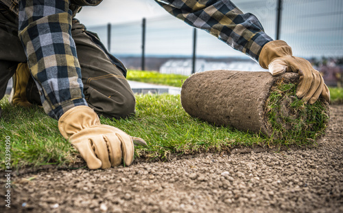 Foto Landscaping Worker Installing Natural Grass Turfs Lawn