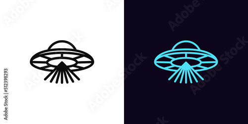 Outline alien UFO icon, with editable stroke. Alien spacecraft with scanning beams, UFO spaceship pictogram. Space invasion
