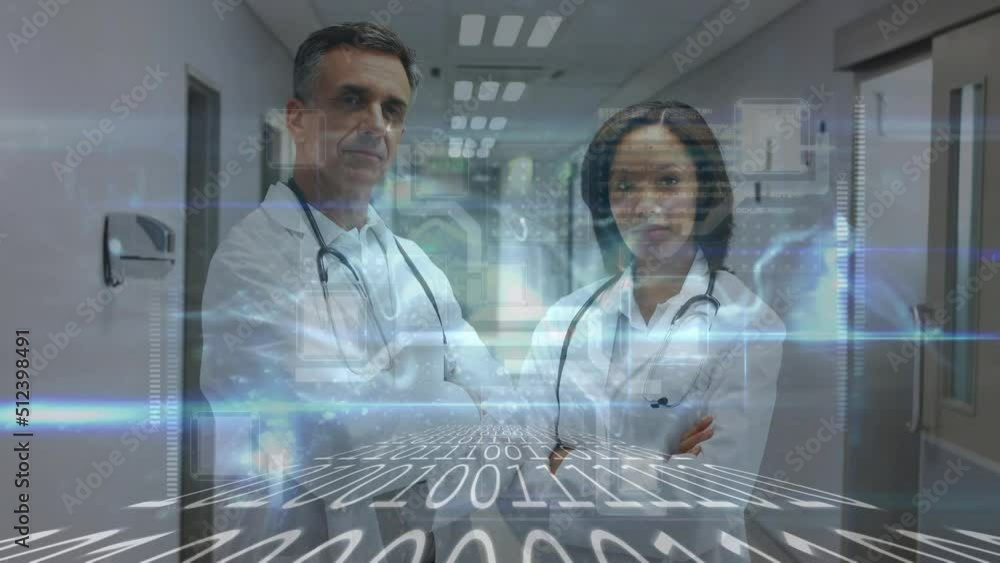 Animation of data processing over diverse doctors smiling Animation of data processing over diverse doctors smiling