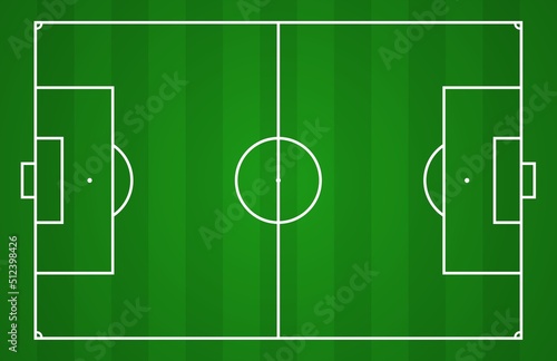 Football field. Top view of standard size soccer pitch with marking. Vector illustration of empty sport arena. Green grass background with marked penalty, goal area, corner, centre circle