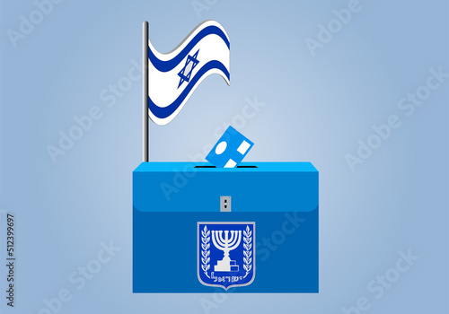 Elecciones en Israel , urna con el emblema nacional, papeleta y bandera de Israel