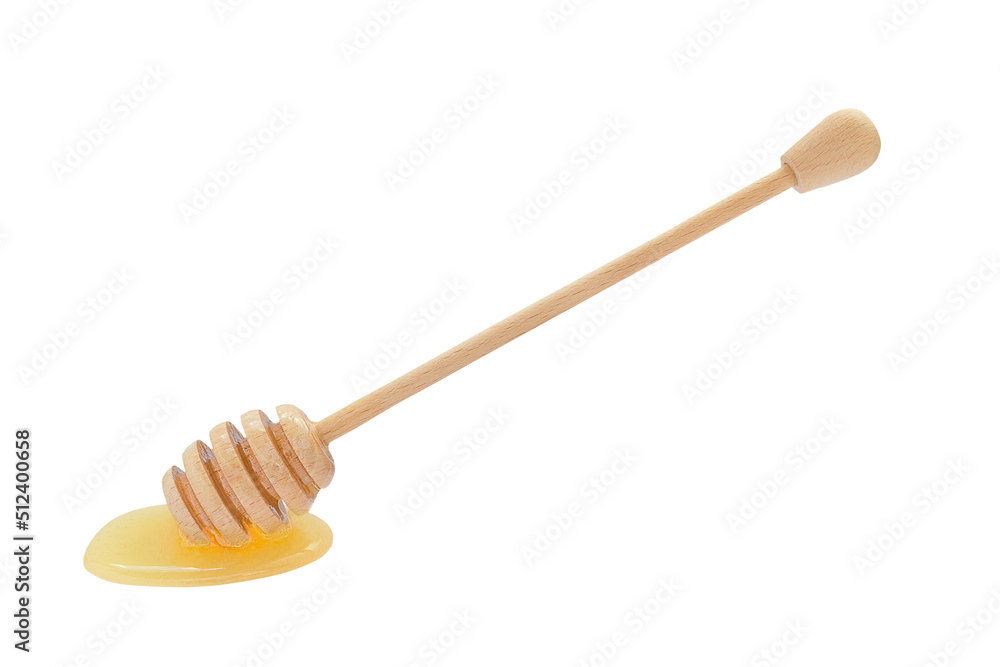 drop of honey on a wooden stick on a white background drop of honey on a wooden stick on a white background