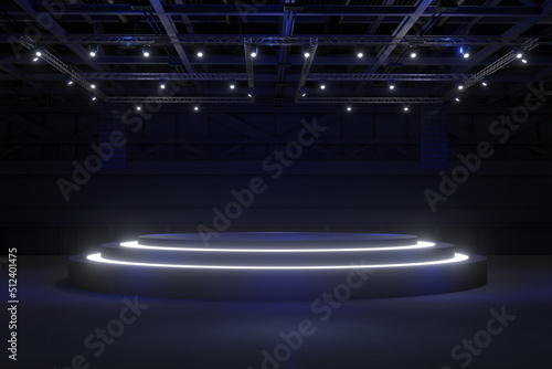Fototapeta Naklejka Na Ścianę i Meble -  Empty stage Design for mockup and Corporate identity,Display.Platform elements in hall.Blank screen system for Graphic Resources.Scene event led night light staging.3d Background for online.3 render.