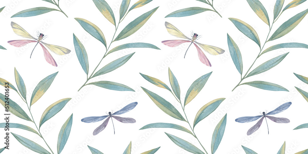 Watercolor butterflies, dragonflies, graceful twigs with leaves on an abstract background. Seamless botanical pattern for design. Watercolor butterflies, dragonflies, graceful twigs with leaves on an abstract background. Seamless botanical pattern for design.