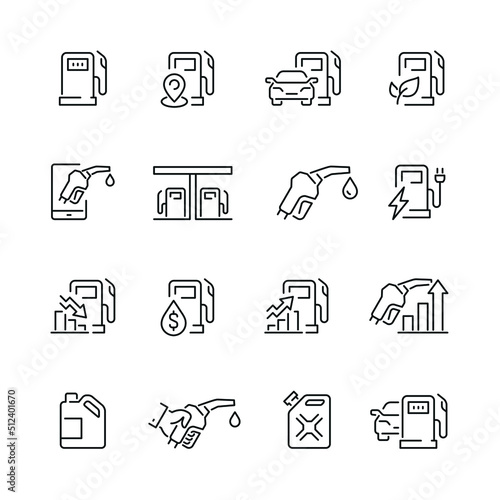 Gas station related icons: thin vector icon set, black and white kit