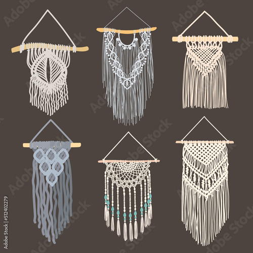 Set of DIY wall hanging. Collection of boho knitting decoration. Cotton cord plant hanger and macrame decor. Vector illustration.