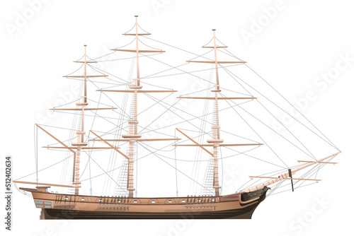 Frigate without sails. Big wooden ship. Vector illustration isolated on white background.