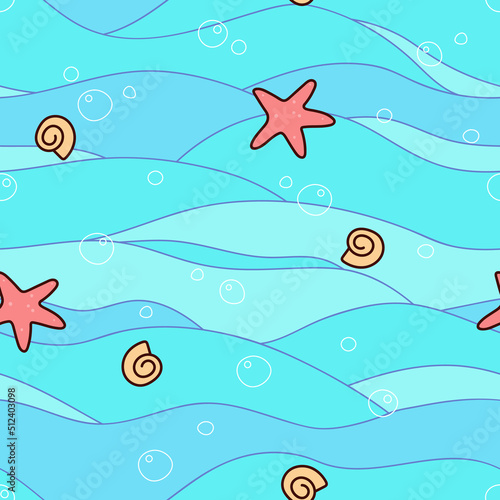 Starfish and shells float on the waves. Sea seamless pattern.