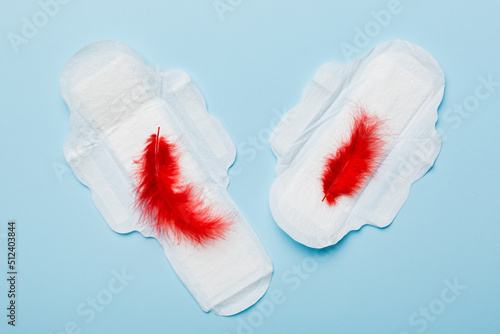 Women hygiene products or Sanitary pad with red feather on colored background. Pastel color. Closeup. Empty place for text. Female daily hygiene