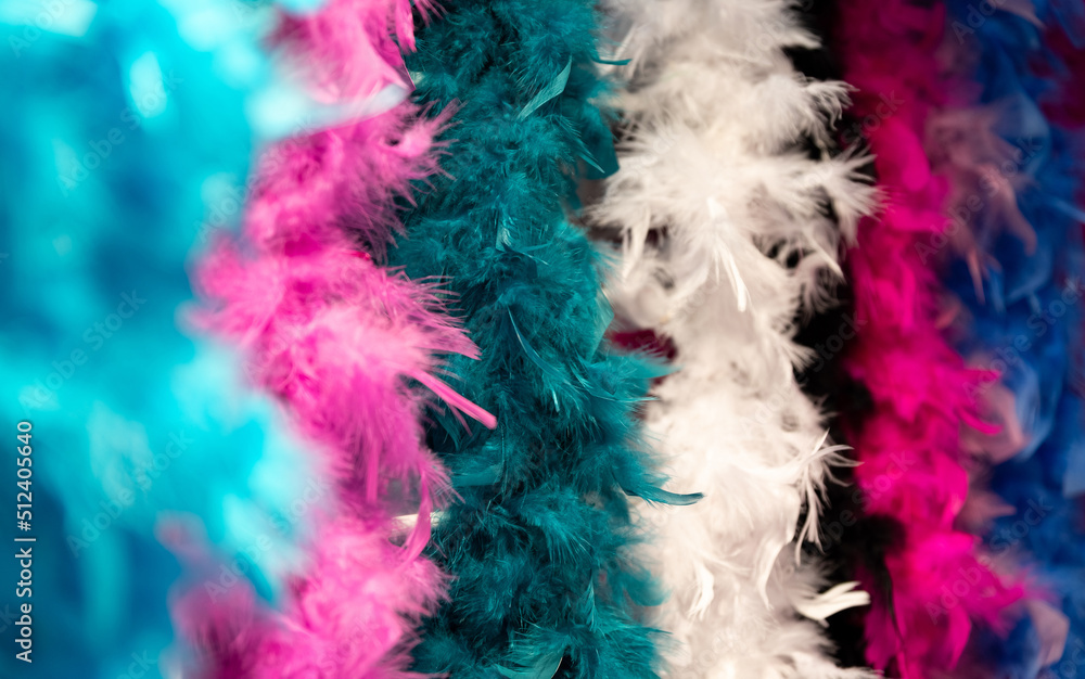 Feather boa on a hanger. Carnival decorations. Multicolored and fluffy