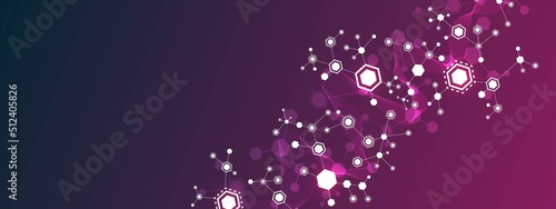 Vector neon background frame. Pattern of hexagons, lines, waves. Design of puzzle plexus. Digital network. Glowing stars. Chemical chain of molecules. Banner technology, business, science, medicine.