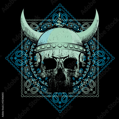 T-shirt vector design of a viking skull with horns isolated on black. Poster	