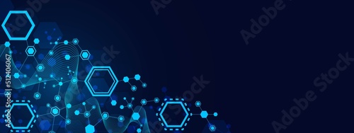 Vector neon blue background frame for icons, symbols. Pattern of hexagons, lines, waves. Geometric puzzle plexus design. Chemical chain of molecules. Poster technology, business, science, medicine.