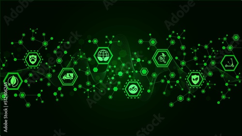 Neon green background frame with ecology icon, symbol. Green world design. Texture of hexagons, wave, lines. Clean energy. Eco-friendly transport. Poster  technology, business, social networks. Vector