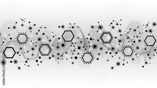 Vector halftone background frame for icons, symbols. Pattern of hexagons, lines, waves. Geometric puzzle plexus design. Chemical chain of molecules. Poster for technology, business, science, medicine.