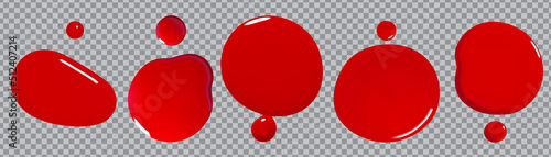 Drops of red . Red Blood drops .  Beauty and cosmetics background. Isolated on transparent background .