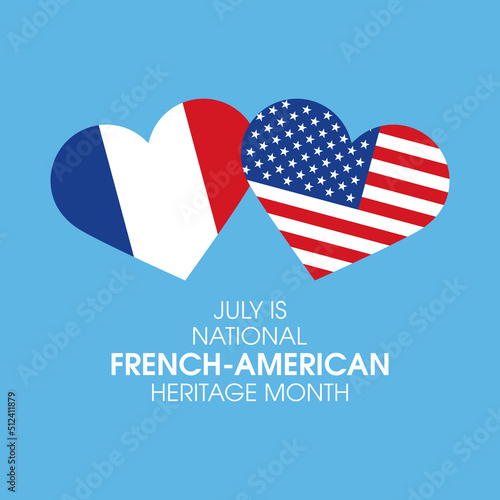 July is National French American Heritage Month vector. Flag of France and Flag of the United States in heart shape icon vector isolated on a blue background. French american friendship design element