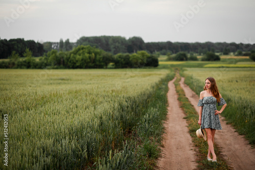 Vinnytsia, Ukraine. May 25, 2022. A girl in a green dress stands in a wheat field and looks at the sky © Iryna Savchuk