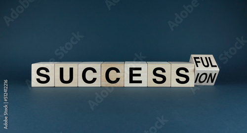 Success - Succession. Cubes form the words Successful - Succession.