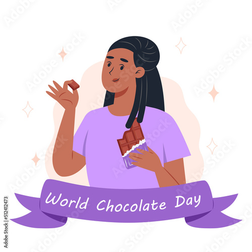 World chocolate day, a young woman eating a bar of chocolate
