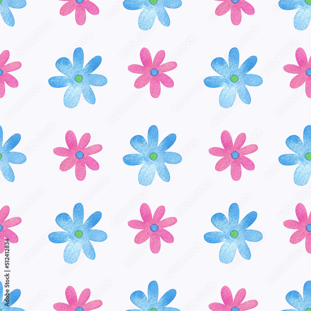 Seamless pattern with blue and pink daisies on a white background. Watercolor illustration. Flowers. Nature. Plants. Print on fabric and paper. Handmade work. Art. Design. Graphics. Gentle. Holiday. Seamless pattern with blue and pink daisies on a white background. Watercolor illustration. Flowers. Nature. Plants. Print on fabric and paper. Handmade work. Art. Design. Graphics. Gentle. Holiday.