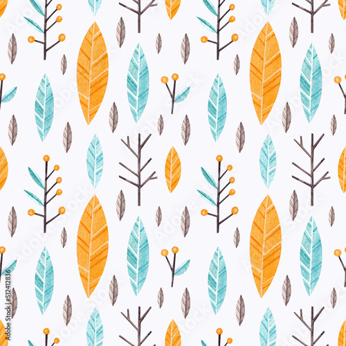 Seamless pattern with blue and yellow leaves on a white background. Watercolor illustration. Flowers. Nature. Plants. Print on fabric and paper. Handmade work. Art. Design. Graphics. Gentle. Holiday. 