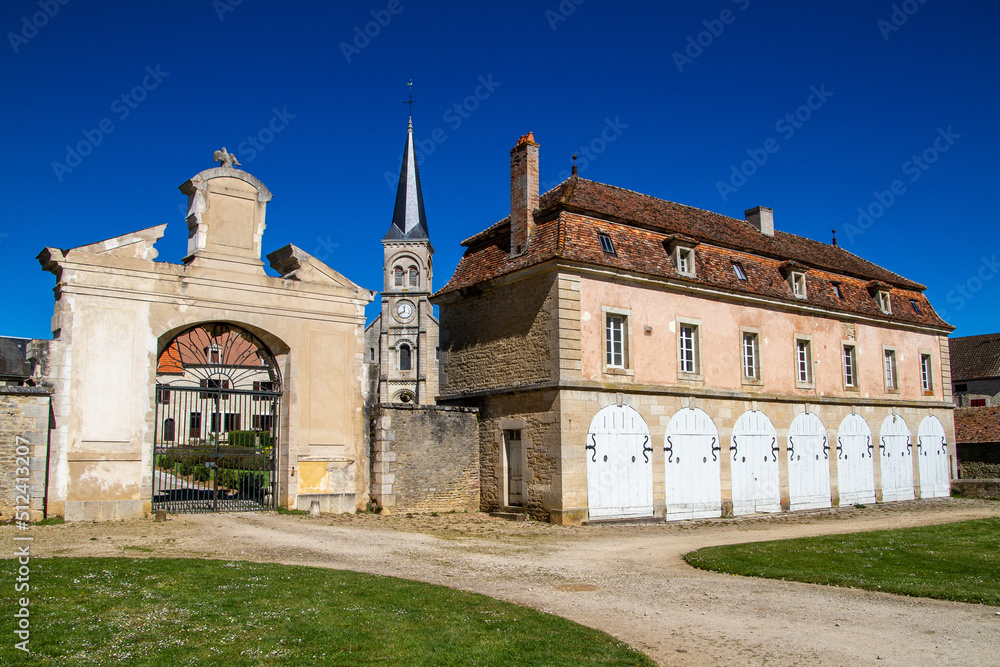 Commarin, France, April 17, 2022. Facade of the Saint-Thibault church in Commarin