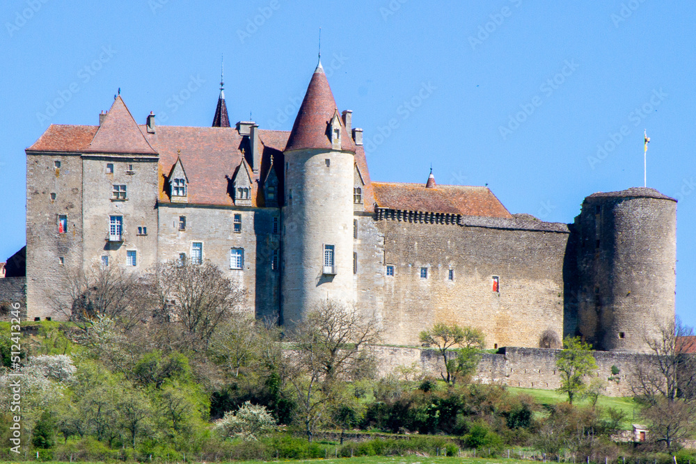 Chateauneuf, France, April 17, 2022. the Chateau de Chateauneuf-en-Auxois is a fortress, typical of 15th century Burgundian military architecture