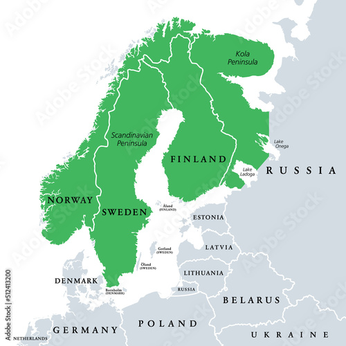 Fennoscandia, Fennoscandian Peninsula, political map. Peninsula, comprising the Scandinavian and Kola Peninsulas, mainland of Finland, Norway and Sweden, Murmansk Oblast, and the Republic of Karelia. photo