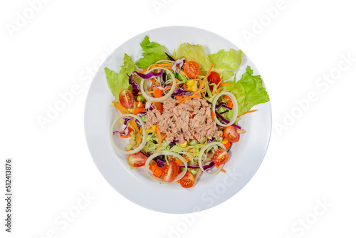 Tuna Salad with Onion,Tomatoes,Corn and Lettuce Isolated on White Background with Clipping Path